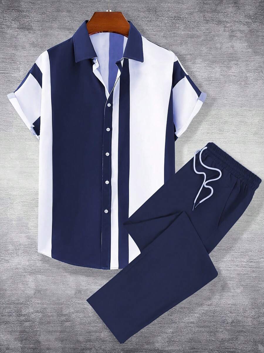 Men's Short Sleeved Lapel Shirt And Pocket Drawstring Pants Set    Tropical  Summer  Regular Fit  Pocket  Drawstring  Button Front      Men's Suit - 藏蓝色 - 查看 1