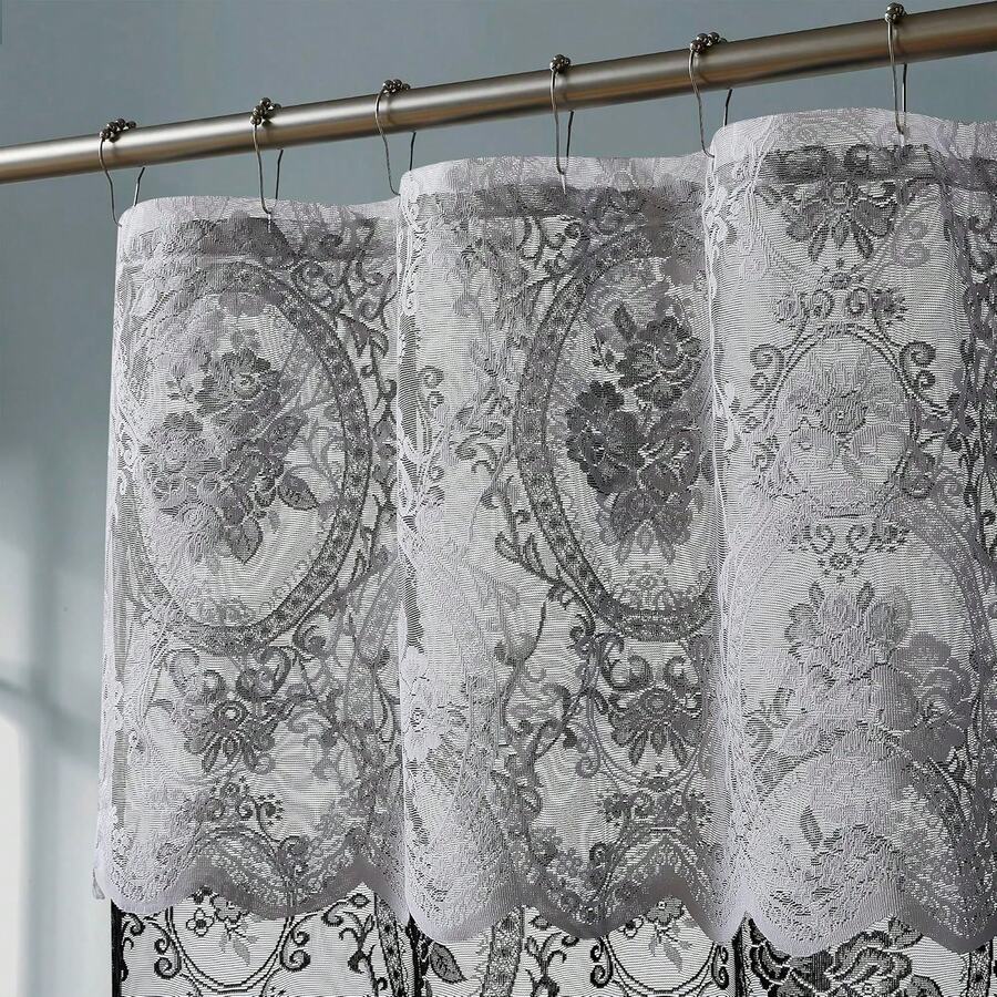 NOIR Gothic Vintage Shower Curtain With Valance For Goth Bathroom Decor - Black With White Valance - View 1