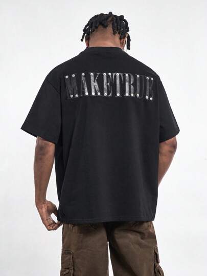 MT99 Embroidered Rivet Decor Round Neck Short Sleeve T-Shirt, Vintage American Style, Heavy Weight, Black, Stylish Half Sleeve Top