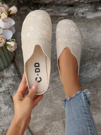 秋冬女士夏季蕾丝镂空平底乐福鞋，舒适亚麻一脚蹬穆勒凉鞋