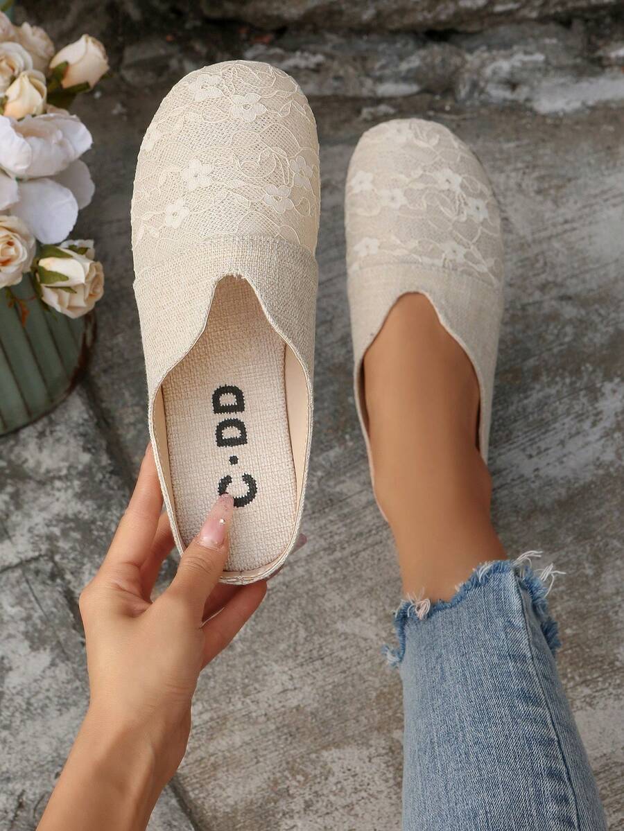 Fall/Winter Women's Summer Lace Hollow-Out Flat Loafers, Comfortable Linen Slip-On Mule Sandals - Beige - View 1
