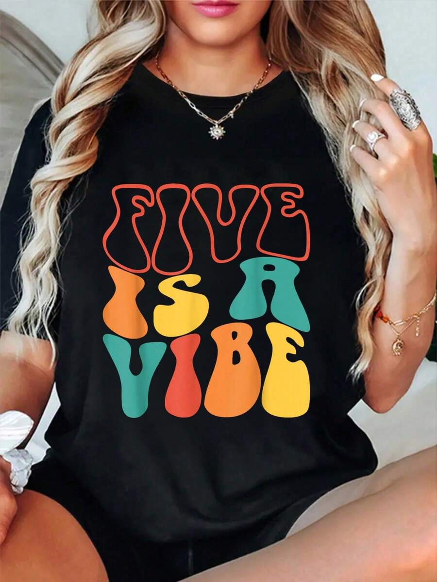 Five Is A Vibe, 5 Years Old, Boys Girls Groovy 5th Birthday-Shirt Summer Outfits Women Shirts Women Graphic Tees Women - Black - View 1
