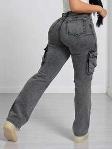 Pantalón Recto Strech de Mezclilla para Dama con Bolsas de Cargo Corte Tiro Alto - Snow Gris Polar 5301 - Ver 5