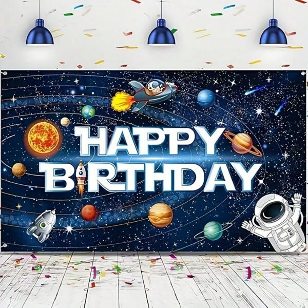 1 peça, faixa de feliz aniversário com tema espacial, fundo de astronauta e foguete e pôster de planetas do sistema solar, artigos para festa, poliéster azul