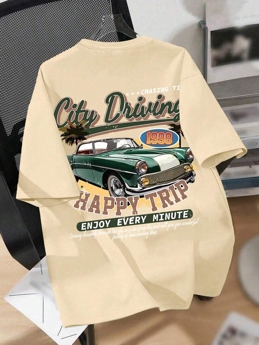 Teenage Boys' Cartoon Car & Slogan Graphic Round Neck Casual T-Shirt, Summer - Apricot - View 1