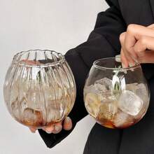 1pc High Borosilicate Spherical Vertical Stripe Mug, Home Round Egg-Shaped Glass Coffee Cup, Juice, Milk Drink Cup
