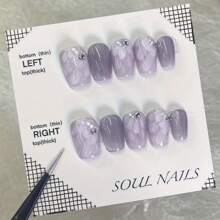 Juego de 10 piezas, uñas decorativas de forma cuadrada corta con ojos de gato pintados a mano, piedras de colores aurora y diseño floral morado brillante