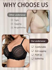 Plus Size Women Front Closure Lace Patchwork Bra, Soft & Comfortable Underwear With Wire