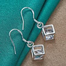925 Sterling Silver Plated Hollow Cube Crystal Earrings Eardrop For Women Charm Wedding Engagement Fashion Jewelry