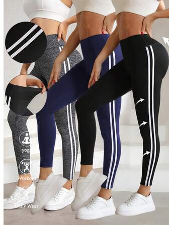 女士侧条纹健身瑜伽紧身裤、高弹力健身裤、女士运动服