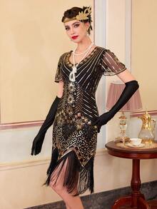 1920s Flapper Dresses For Women, Great Gatsby Dresses With Sleeve Roaring 20s Dress For Harlem Nights, Party Dress, For Cocktail - Gold - View 2