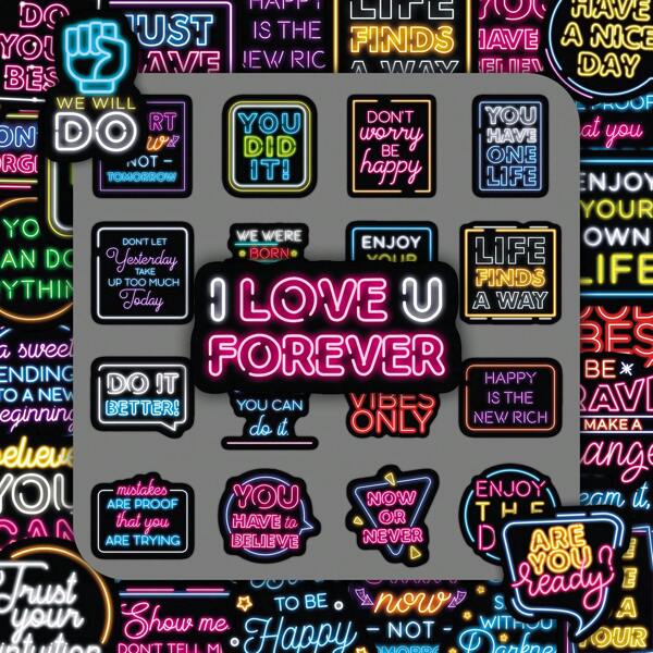 50pcs Positive Energy Motivational English Neon Colorful Glow Sticker Decals For Motorcycle, Skateboard, Car Room Decor Home Decor Stickers Wall Decor Personalized Wall Stickers