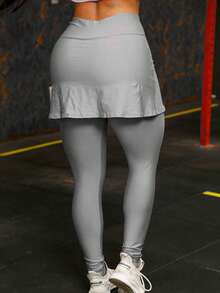 High Waist Gym Leggings With Skirt - Grey - View 5