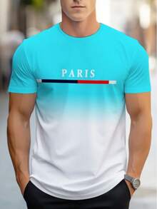 Camiseta deportiva de manga corta y cuello redondo para hombres, casual de verano, con estampado de la letra "PARÍS" en degradado azul y blanco - Multicolor - Ver 3