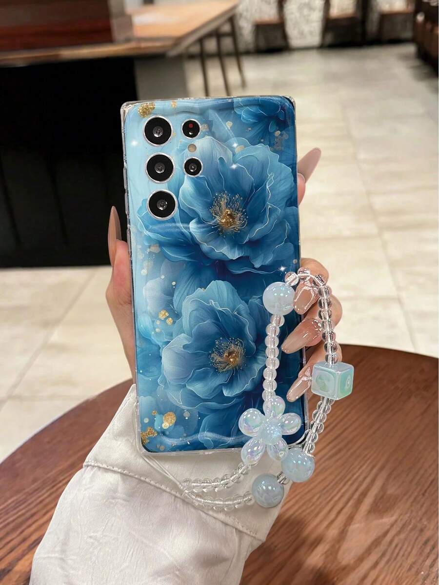 奶油纹理波浪边亮面油蓝色花卉彩绘防摔手机壳 + 手工串珠花手链配件 兼容 16/11/16pro/16plus/16promax/16e/15Promax/13/14/12/XS/XR/7G/8P 和 Galaxy 11/12Pro/12/12X/13Pro/14Pro/15Pro/、Redmi 10/9/Note9/12c/Note11pro/Note8Pro 保护手机壳