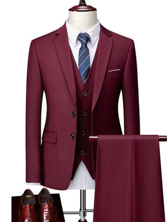 男士时尚新款纯色修身弹力三件套西装套装，包含夹克、背心和裤子，商务/工作/正装