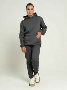Women's Set Sweatshirt Kangaroo Hooded Pocket And Jogger Pants Cotton Flannel Plain Unisex Simple Casual Cute Pocket Drawstring