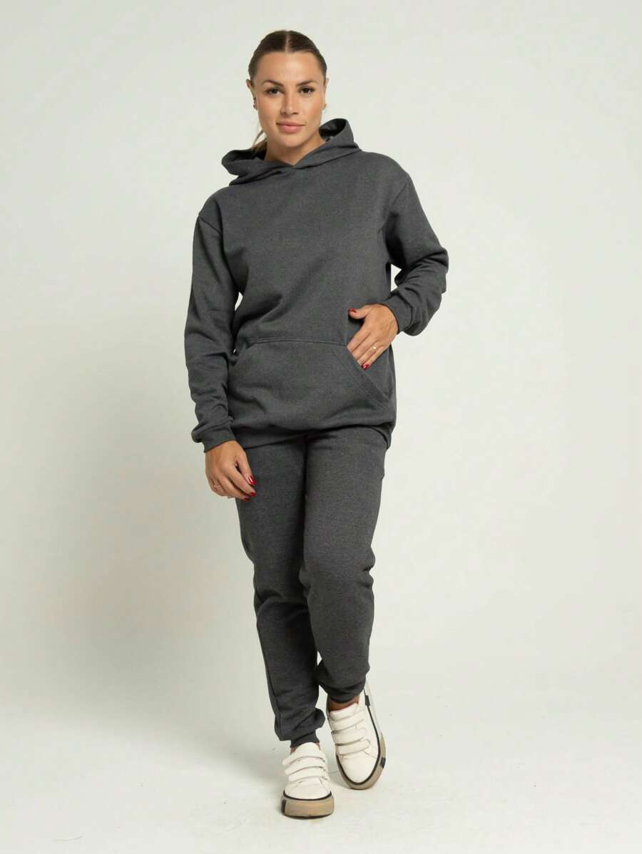 Women's Set Sweatshirt Kangaroo Hooded Pocket And Jogger Pants Cotton Flannel Plain Unisex Simple Casual Cute Pocket Drawstring