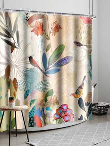 1 pieza Cortina de ducha elegante y vintage con diseño de flores y pájaros, de tela de punto de poliéster con ganchos, lavable a máquina, decoración artística para el baño, cortina de baño multifuncional, diseño vibrante de plantas y flores, accesorio artístico para el baño | Patrón floral clásico | Cortina de baño duradera - Multicolor - Ver 3