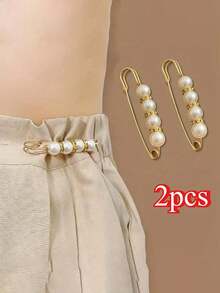 2pcs Faux Pearl Waist Buckle Cute Pin Faux Pearl Brooch Pants Adjustable Buckle Summer, School Fall, Autumn, Halloween - White - View 10