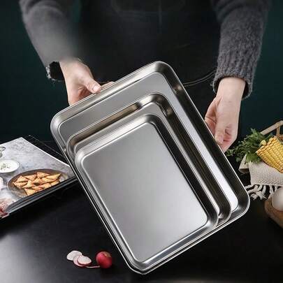 3件/1件蛋糕烘焙糕点储存托盘不锈钢蒸香肠盘长方形水果盘餐厅酒店面包烤盘