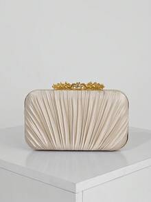 女士时尚个性化水晶装饰翻盖盒晚宴包，适合婚礼、庆典、正式活动、派对手拿包、高品质杏色褶饰宴会链条单肩包/斜挎包 - 杏色 - 查看 5