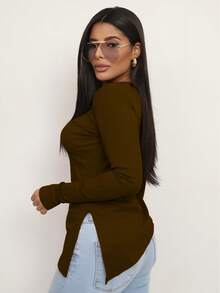 Women's Ribbed Blouse Simple Casual Elegant Split Asymmetric Fall/Winter - Coffee Brown - View 2