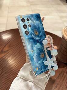 奶油纹理波浪边亮面油蓝色花卉彩绘防摔手机壳 + 手工串珠花手链配件 兼容 16/11/16pro/16plus/16promax/16e/15Promax/13/14/12/XS/XR/7G/8P 和 Galaxy 11/12Pro/12/12X/13Pro/14Pro/15Pro/、Redmi 10/9/Note9/12c/Note11pro/Note8Pro 保护手机壳