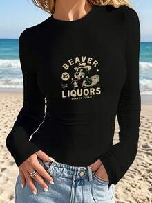 Cartoon Beaver With Liquor Bottles Women's Fashion Long Sleeve Shirt - màu đen - Xem 1