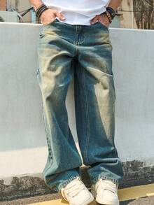 Men's Y2K Distressed Vintage Baggy Wide Leg Drop Crotch Jeans - Bronze - View 3