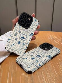 Blue Phone Case 1pc Blue Illustrated Coconut Tree Vertical Striped Classic Anti-Drop Soft Padded Phone Case Compatible With Apple 16/16 Plus/16 Pro/16 Pro Max & Waterproof Shockproof Scratch Resistant - Multicolor - View 2