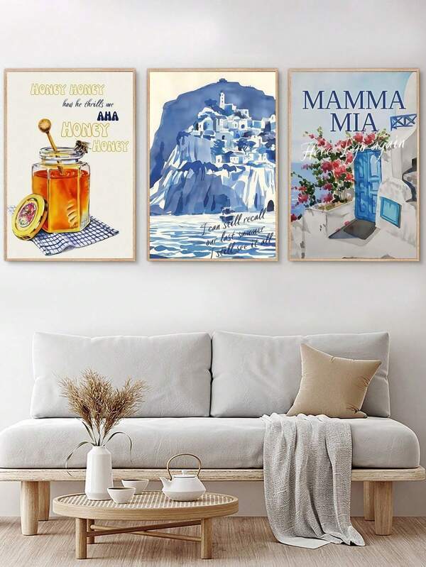 Set Of 3 Mamma Mia Lyrics Poster, Greek Poster, Blue Wall Art, Ace Print, Coast Cowgirl Canvas Poster, Disco Wall Art, Mykonos Poster,Music Album Cover Poster,Fashionable Print,Living Room Decoration Perfect Gift For Music Lovers,For Bar, Internet Cafe,Apartment,Bedroom,Living Room,Modern Home Decoration Optional Frame ,Wall Art With Frame