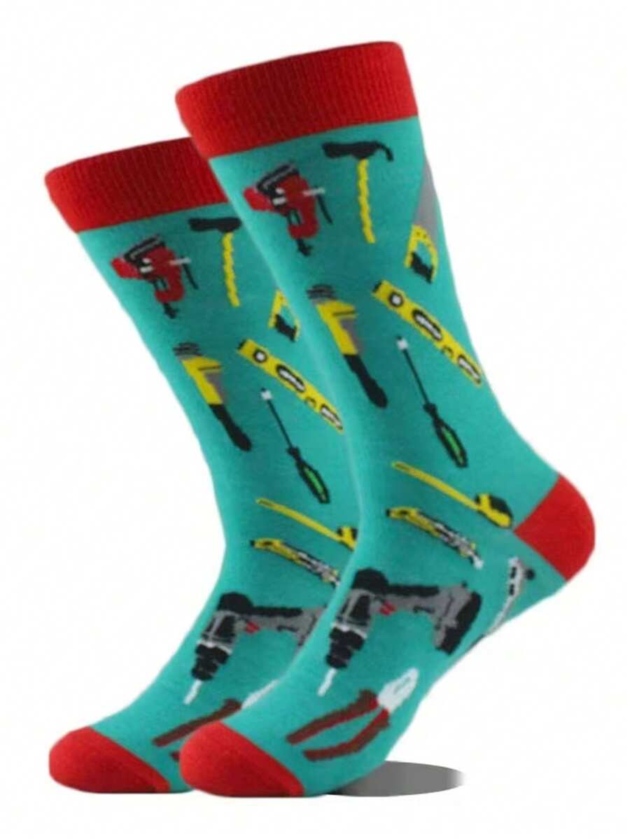 1 Pair Of Men's Tool Pattern Tube Socks, - Multicolor - View 1