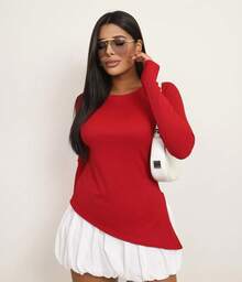 Women's Ribbed Blouse Simple Casual Elegant Split Asymmetric Fall/Winter - Redwood - View 3