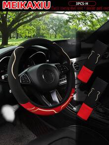 MEIKAXIU 3 pièces Set de housse de volant et de coussin d'épaule élastique, design mignon d'oreille, respirant pour l'été. Accessoires d'intérieur de voiture