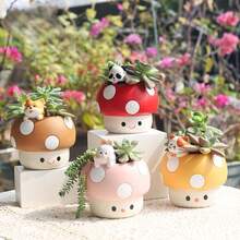 EOBTAIN Cute Mushroom Flower Pot Unique Animal Panda Red Resin Succulent Plant Small Flower Pot Suitable For Indoor Plants Mini Cactus Flower Pot Living Room Office Table Decoration, Mushroom Enthusiasts Gift Crafts Give Excellent Gifts To Friends - Multicolor - View 2