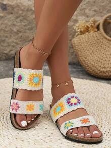 2025 New Colorful Floral Crochet Embroidery Handmade Accessories, Boho Farmhouse Decor Slippers, Travel Beach Sandals, Holiday - Beige - View 4