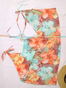 3pcs Plus Size Leopard Print & Floral Patchwork Sexy Swimwear Set,Metal Starfish Decor,Removable Swimwear Pads,Summer Dresses For Women,Summer Clothes Women,Festival,Skirts,Ibiza Outfits,Swimwear Women,Bikini Set,Swimming Costume Women,Beach Wear Women,Holiday Co Ord,Beach Dress,Bikinis For Women Sets,Swimsuit - Multicolor - View 4