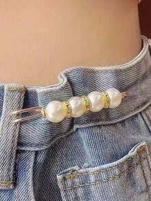 2pcs Faux Pearl Waist Buckle Cute Pin Faux Pearl Brooch Pants Adjustable Buckle Summer, School Fall, Autumn, Halloween - White - View 6