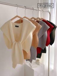 1pc Solid Color Knitted Woolen Shawl With Detachable Faux Collar, Fashionable Cape For Women To Cover Shoulders In Air-Conditioned Room