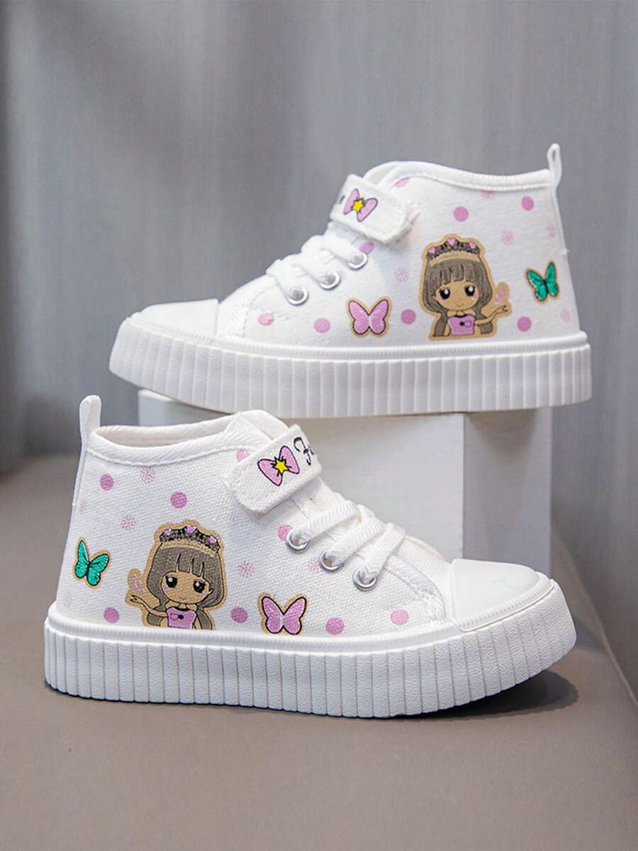 1 Pair Kids Cartoon Print High Top Canvas Sneakers, Unisex Indoor & Outdoor Athletic Shoes - White - View 1