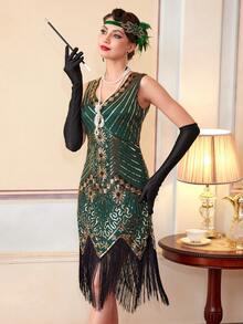 1920s Flapper Dresses, Great Gatsby Dresses Roaring 20s For Women, Sheer Beaded Sleeves Costume, Party Dress, For Cocktail - Green - View 5