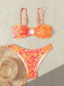 New Printed Lace Up Bikini Split Swimsuit For Beach Vacation