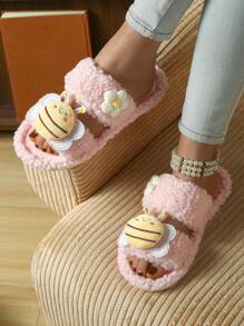 Cute Cartoon Bee Plush Slip-On Slippers, Women Indoor Open Toe Flat House Slides, Lightweight & Comfortable Home Slippers