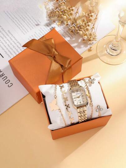 Set de 5 piezas: Reloj de cuarzo con esfera cuadrada y correa de acero minimalista y elegante + Pulsera con mariposa de strass, adecuado como regalo de cumpleaños, Halloween o uso diario
