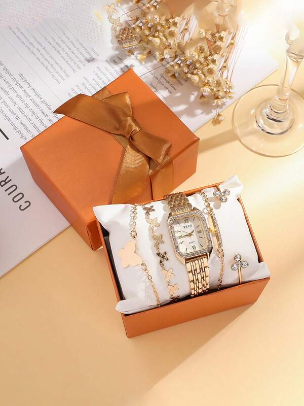 5pcs/Set Elegant Minimalist Mixed Bar Marker Square Dial Steel Band Quartz Watch + Butterfly Rhinestone Bracelet, Suitable For Birthday Gift, Halloween Gift, , Daily Wear