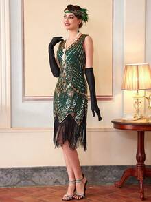 1920s Flapper Dresses, Great Gatsby Dresses Roaring 20s For Women, Sheer Beaded Sleeves Costume, Party Dress, For Cocktail - Green - View 11