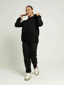 Women's Set Sweatshirt Kangaroo Hooded Pocket And Jogger Pants Cotton Flannel Plain Unisex Simple Casual Cute Pocket Drawstring - 黑色 - 查看 1