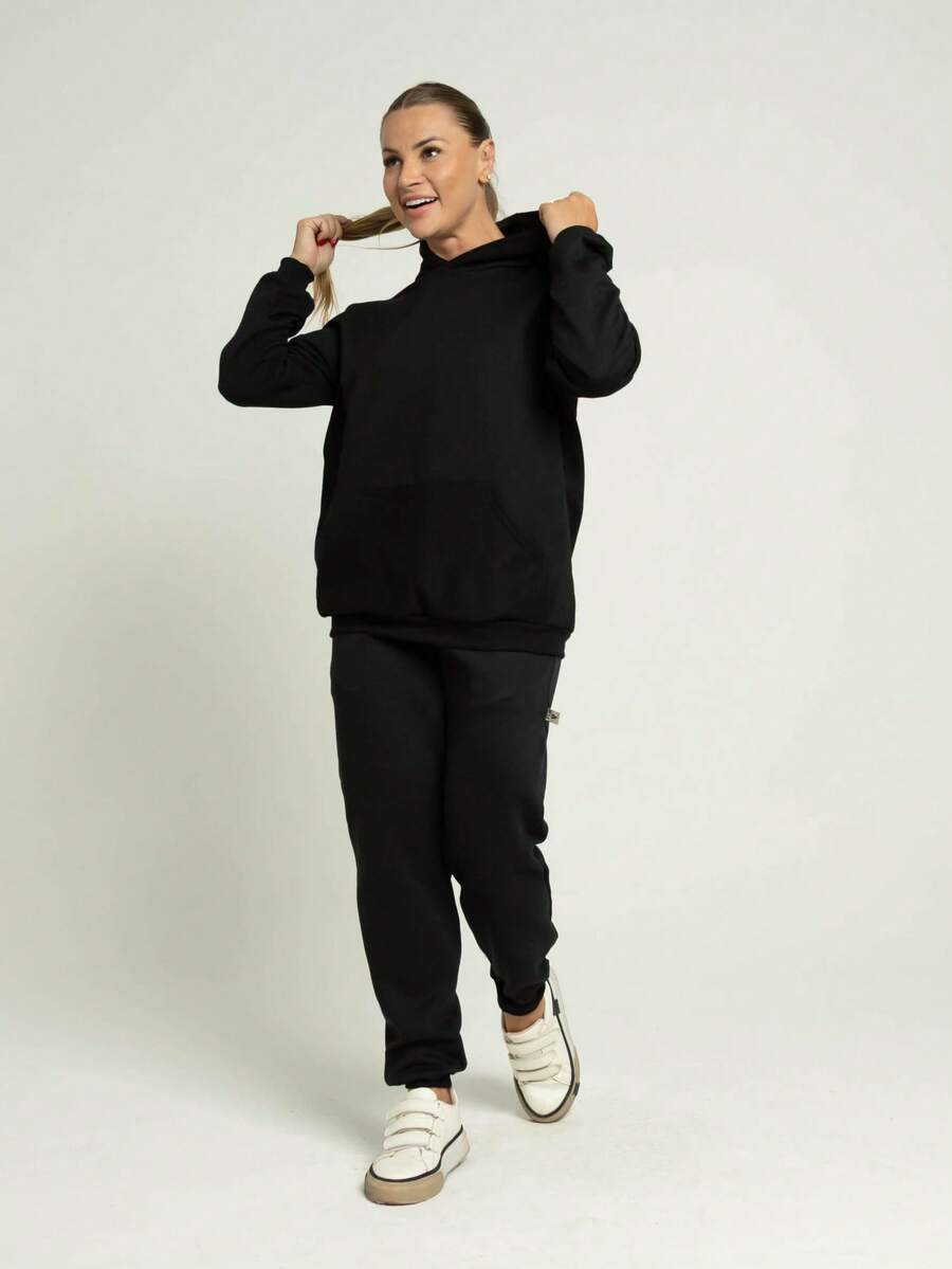 Women's Set Sweatshirt Kangaroo Hooded Pocket And Jogger Pants Cotton Flannel Plain Unisex Simple Casual Cute Pocket Drawstring - 黑色 - 查看 1