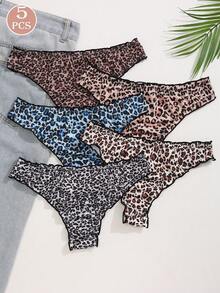 5条装女式多色荷叶边弹力豹纹蝴蝶结装饰内裤